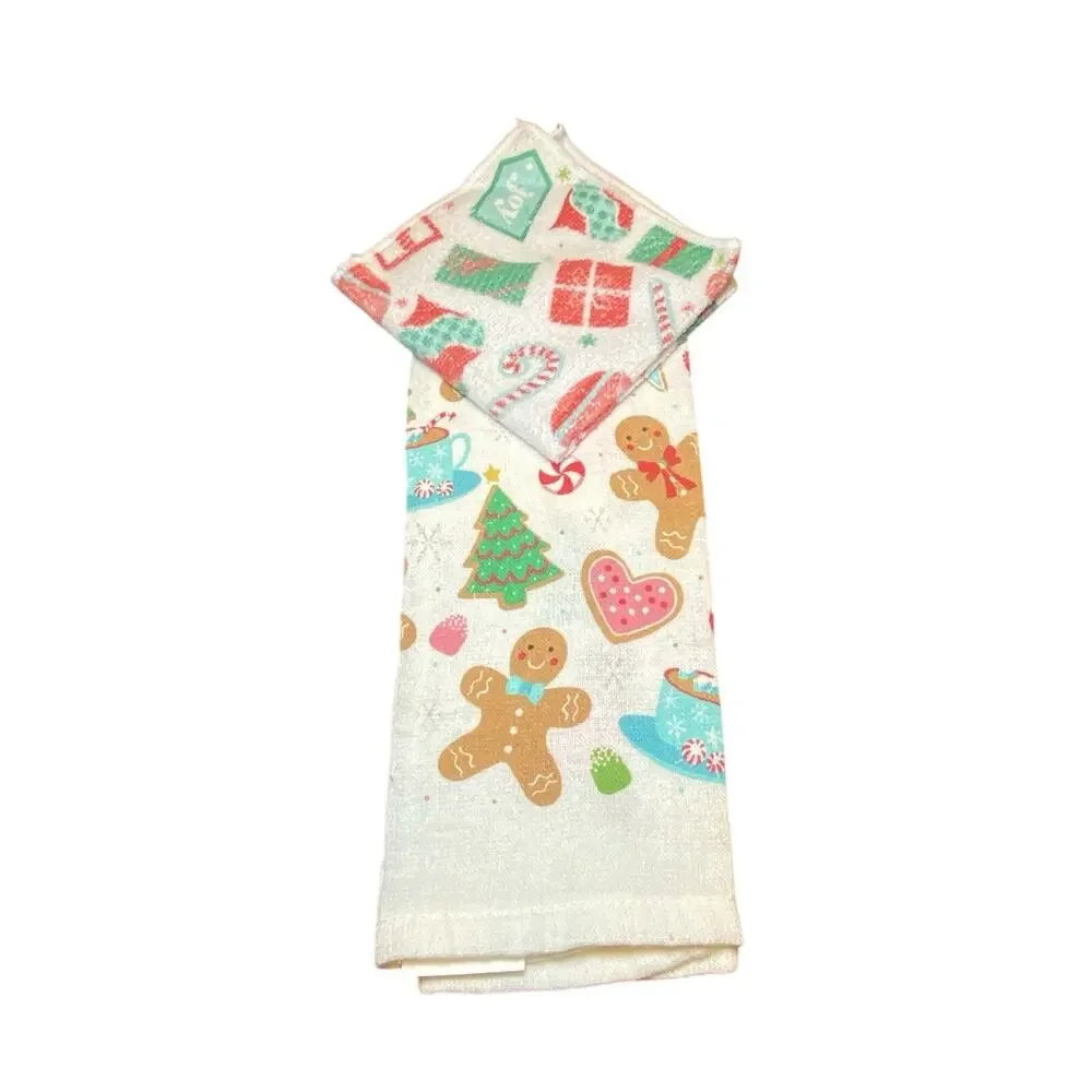 Holiday Towel Set- White Cotton- Gingerbread-Christmas-Kitchen